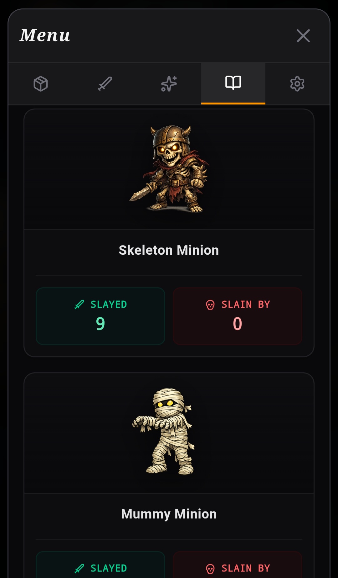 Bestiary entries showing Skeleton and Mummy minions with slayed and slain-by stats
