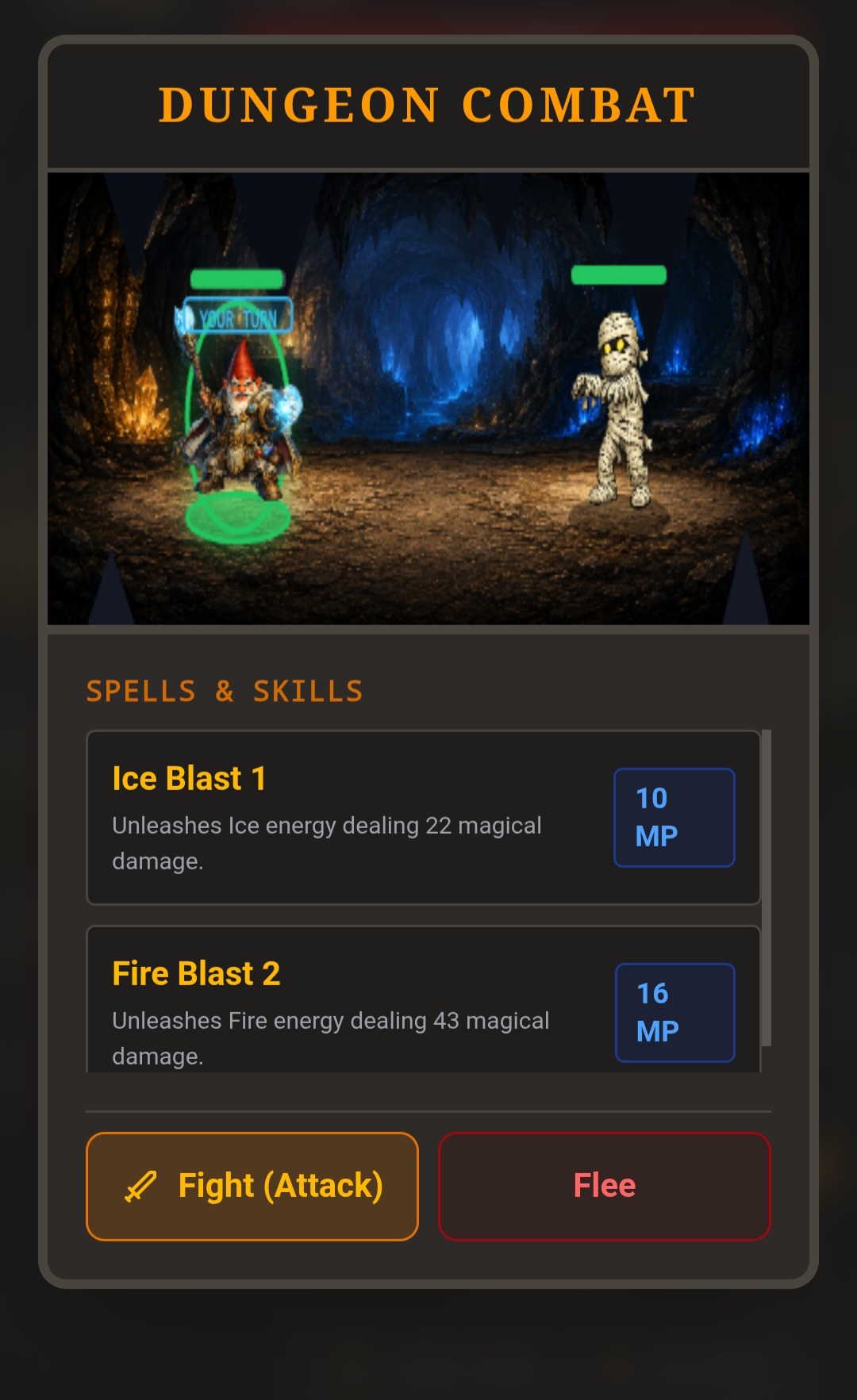 Turn-based dungeon combat screen with Ice Blast and Fire Blast spells against a mummy