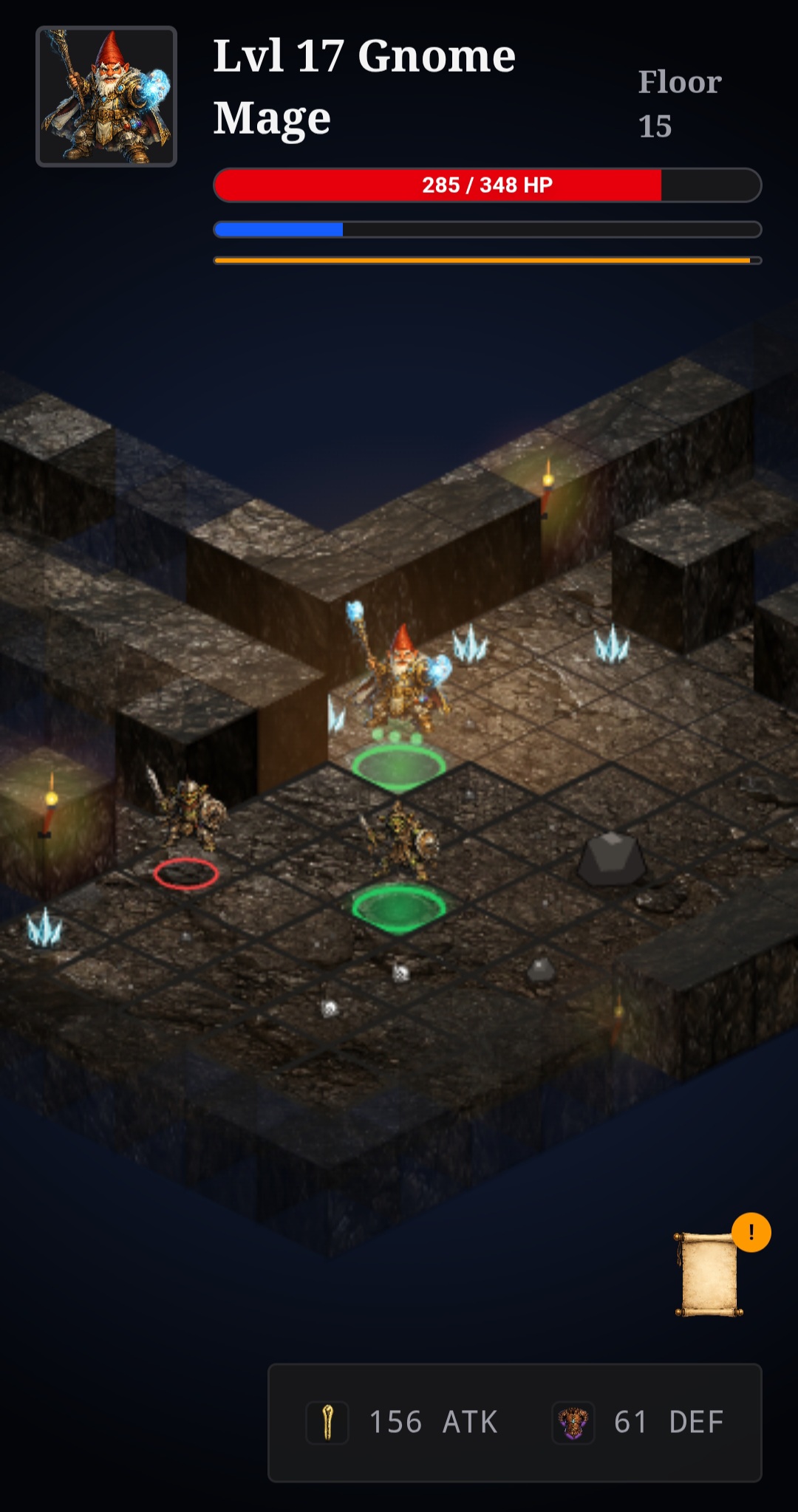 Lvl 17 Gnome Mage on Floor 15 facing two skeletal warriors in a torch-lit cavern