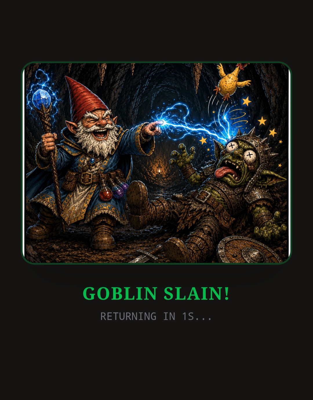 Goblin Slain victory screen showing the gnome mage blasting a goblin with lightning